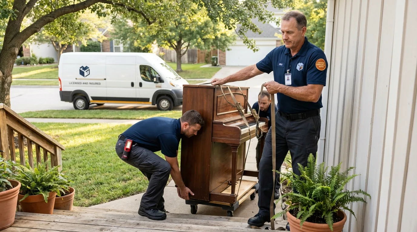 Licensed piano movers securing grand piano in Lumber City, GA