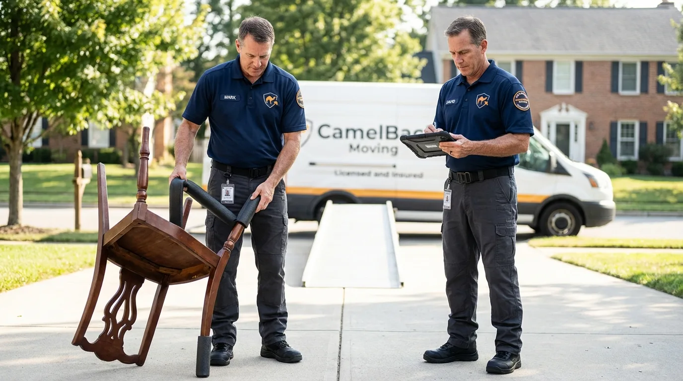 Movers inspecting furniture for damage prevention before loading in Lumber City, GA