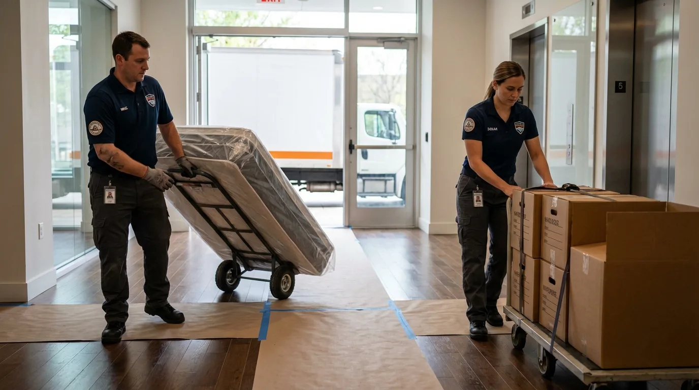 Professional apartment movers loading elevator in Lumber City, GA