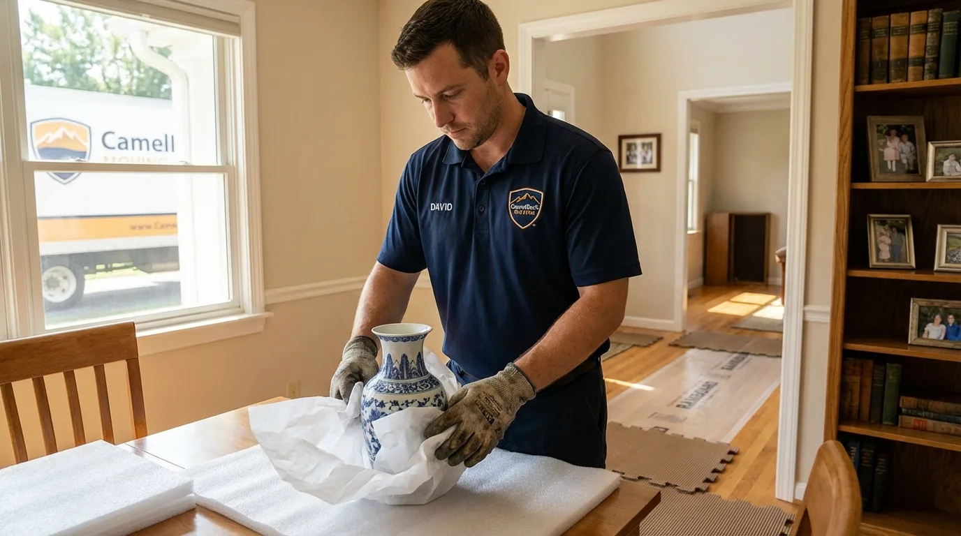 Professional crew carefully wrapping antique vase for senior downsizing move in Lumber City, GA